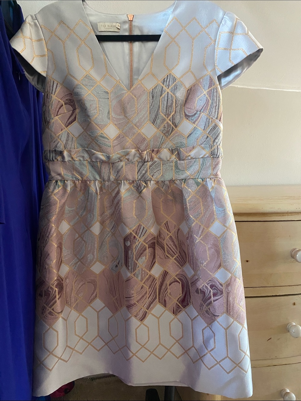 Ted Baker Lilac, Pale Pink & Gold Jacquard Fit-and-Flare Dress